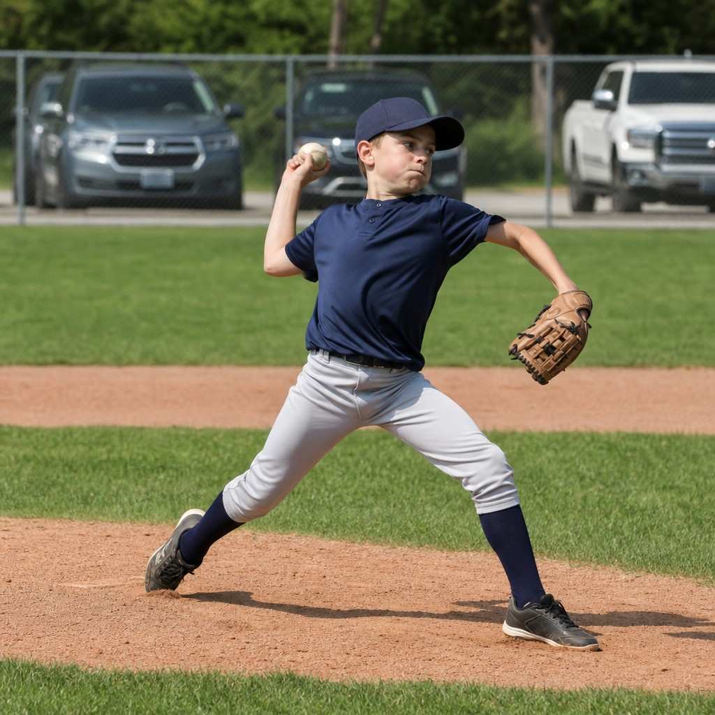 A young pitcher throwing on a baseball field