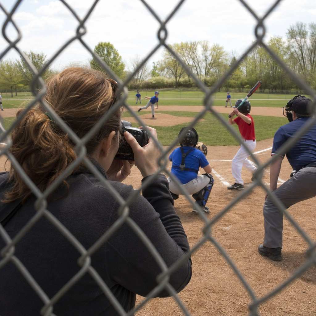 A parent photographing a game through a chain-link backstop