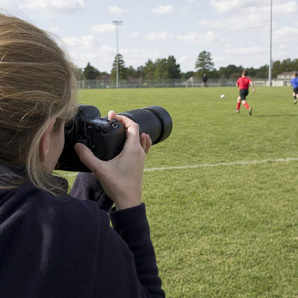 A parent's hands holding a camera with a telephoto lens at a soccer sideline