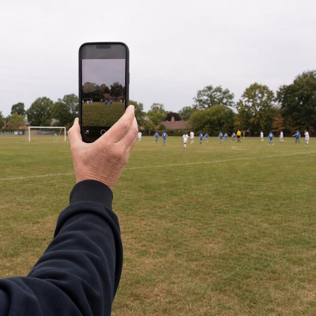 A smartphone held up to photograph a distant youth soccer game
