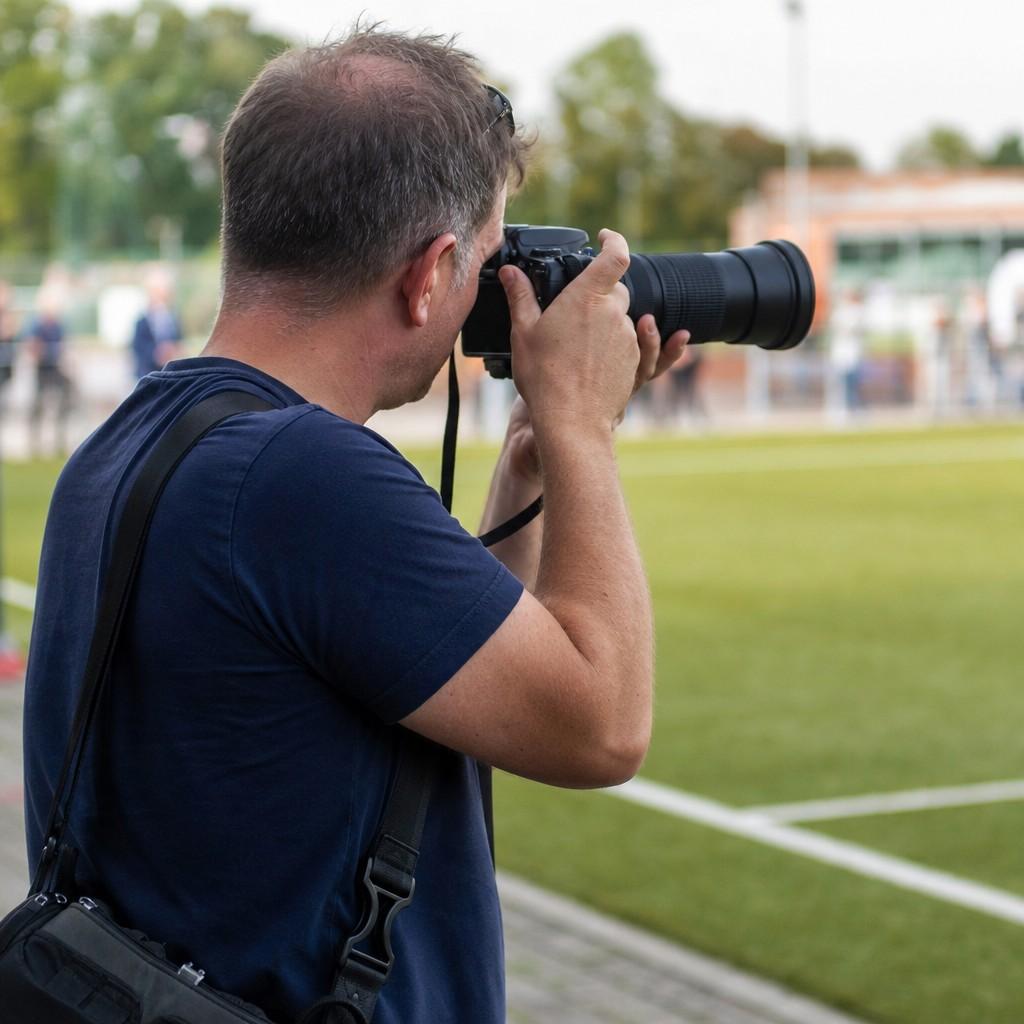 A parent holding a camera with a long telephoto lens at a field