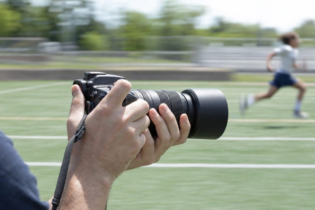 A camera with a telephoto lens tracking a moving athlete, background blurred