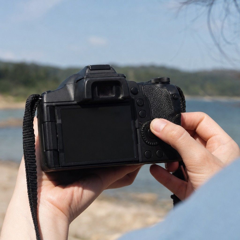 Close-up of hands adjusting a camera's controls