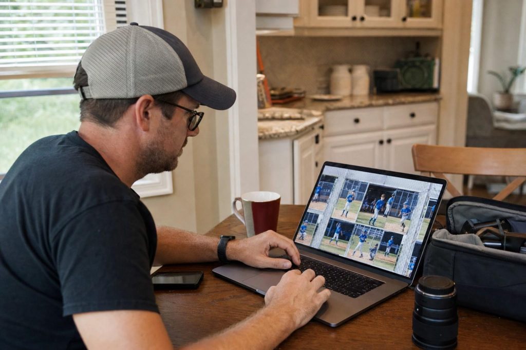 A parent editing youth sports photos on a laptop at a kitchen table