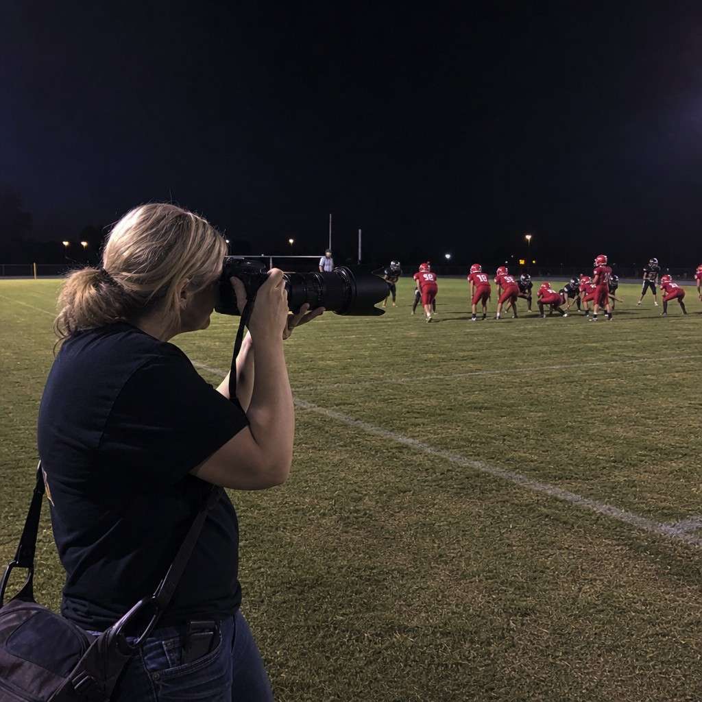 A parent photographing a night football game with a telephoto camera