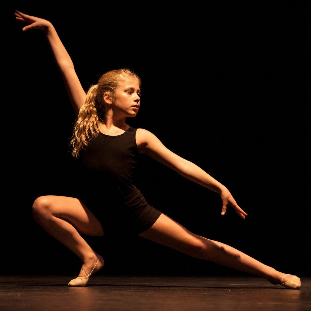 A young dancer under a spotlight on a dark stage