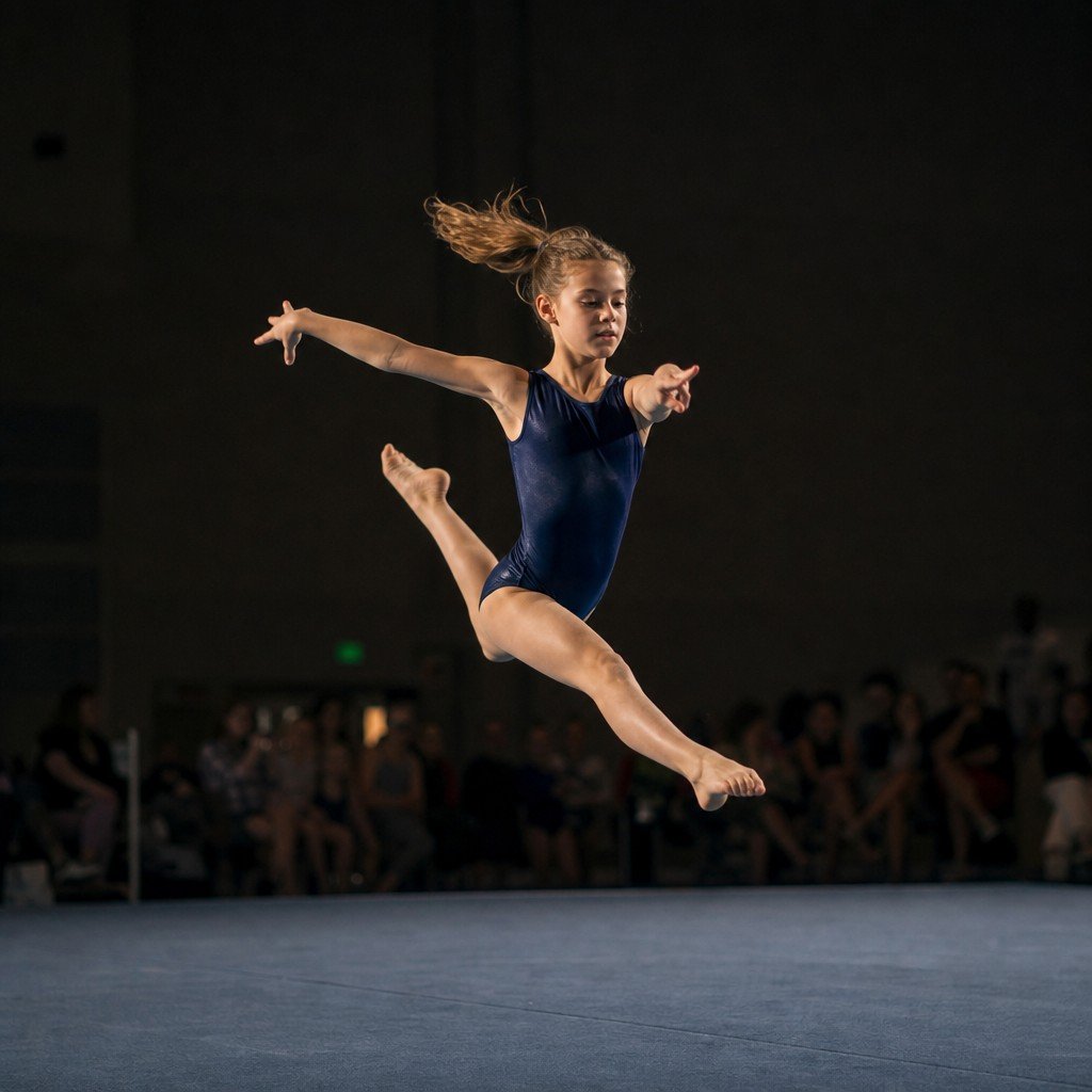 A young gymnast mid-skill on a floor mat