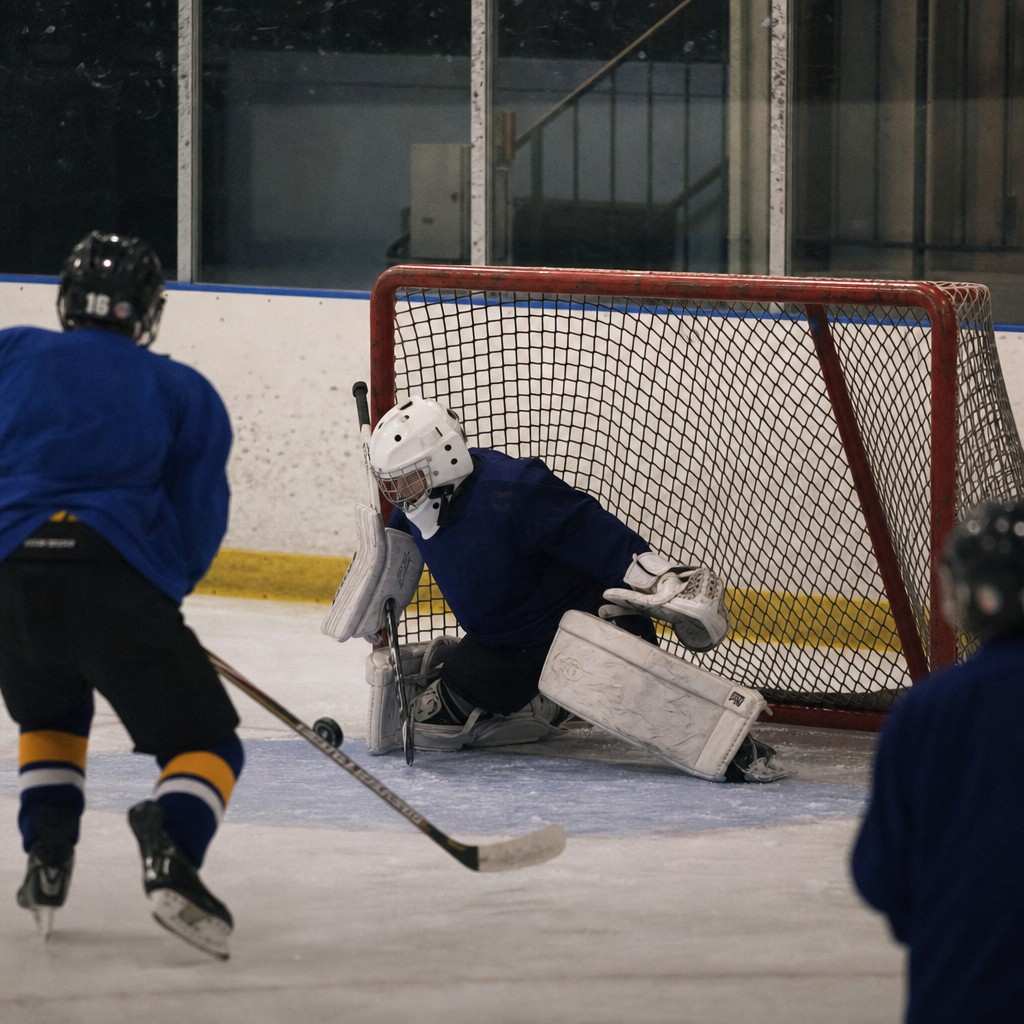 A young goalie making a save in the crease