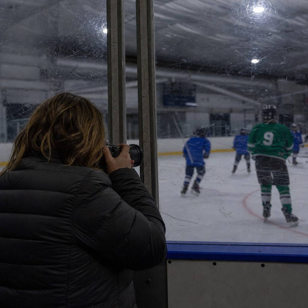 A parent photographing a game through the rink glass