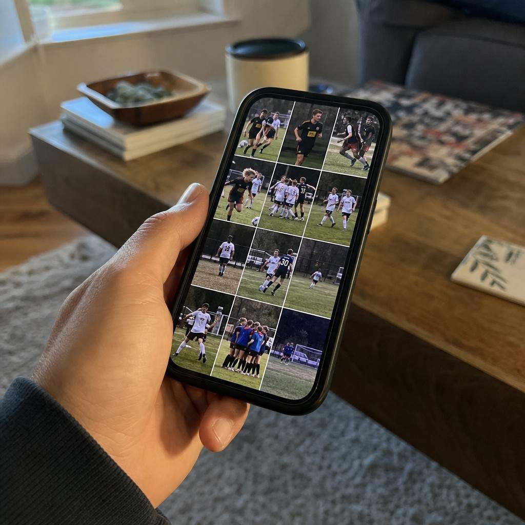 A hand holding a phone showing a shared album of game photos