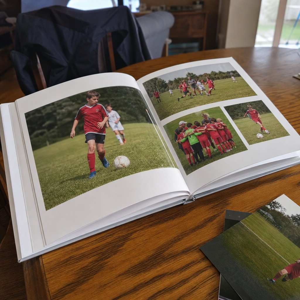 A printed photo book of sports pictures open on a table
