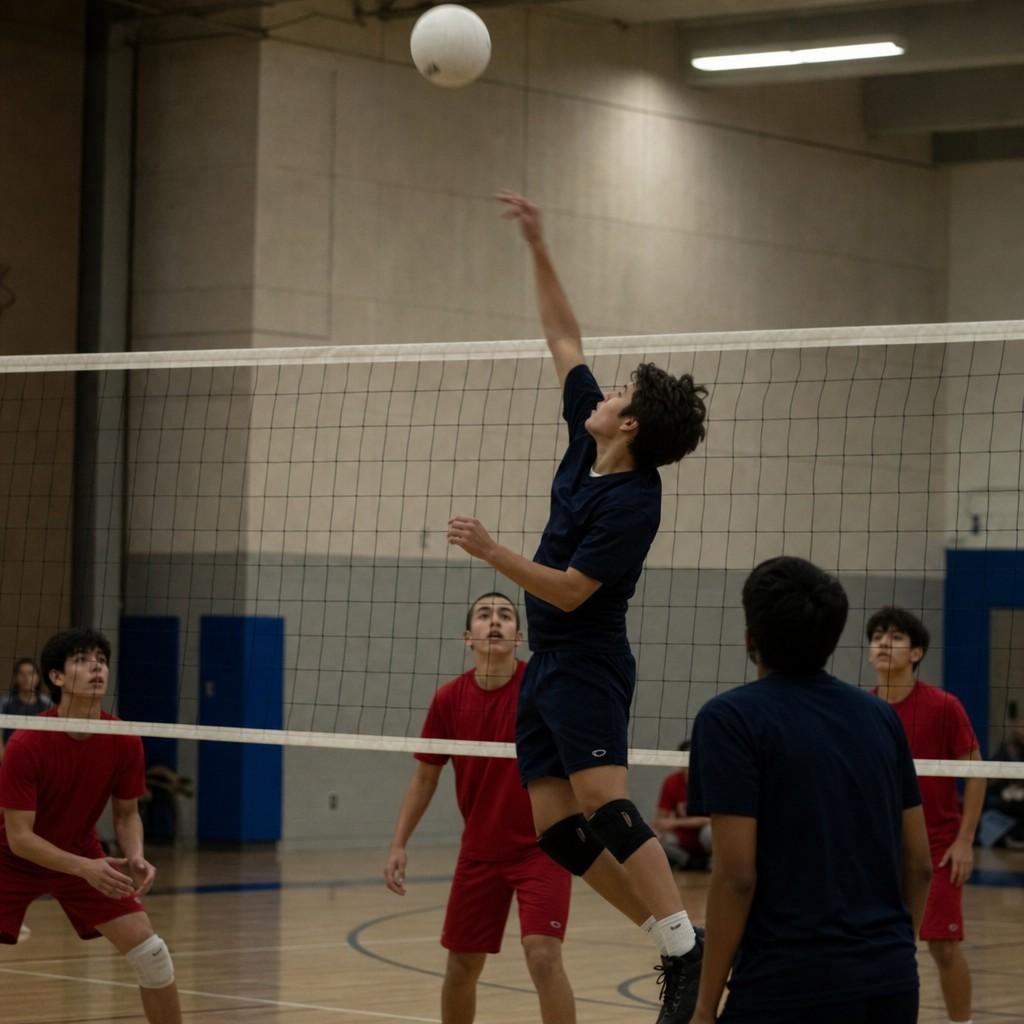 Youth volleyball player jumping to spike at the net in a dim gym
