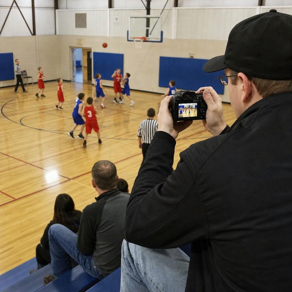 A parent in gym bleachers photographing the basketball game below