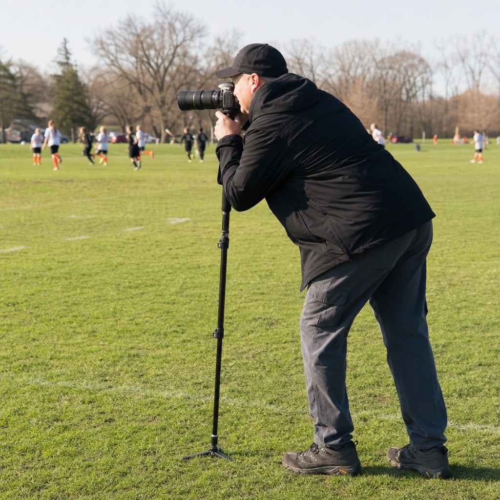 A parent using a camera on a monopod at a game