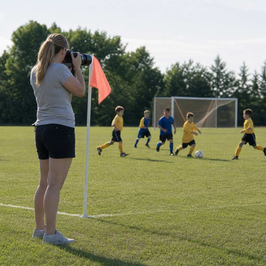A parent photographing the game from near the corner flag with the sun behind them