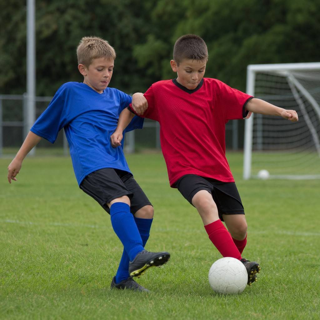 A youth soccer match on an overcast day in soft even light