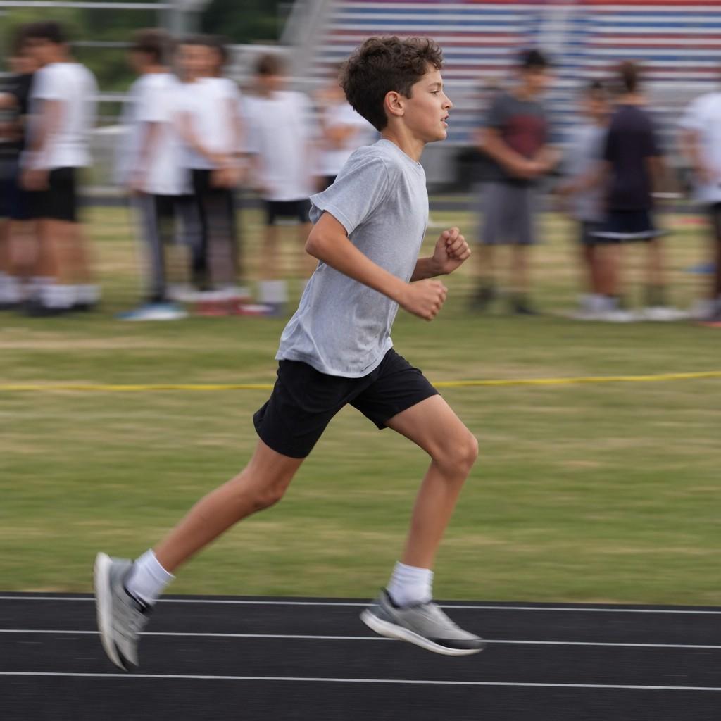 A panned shot of a young runner with a blurred background