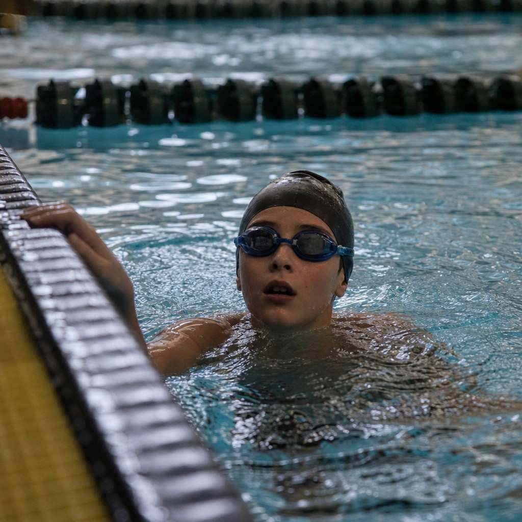 A young swimmer reaching the wall at the finish