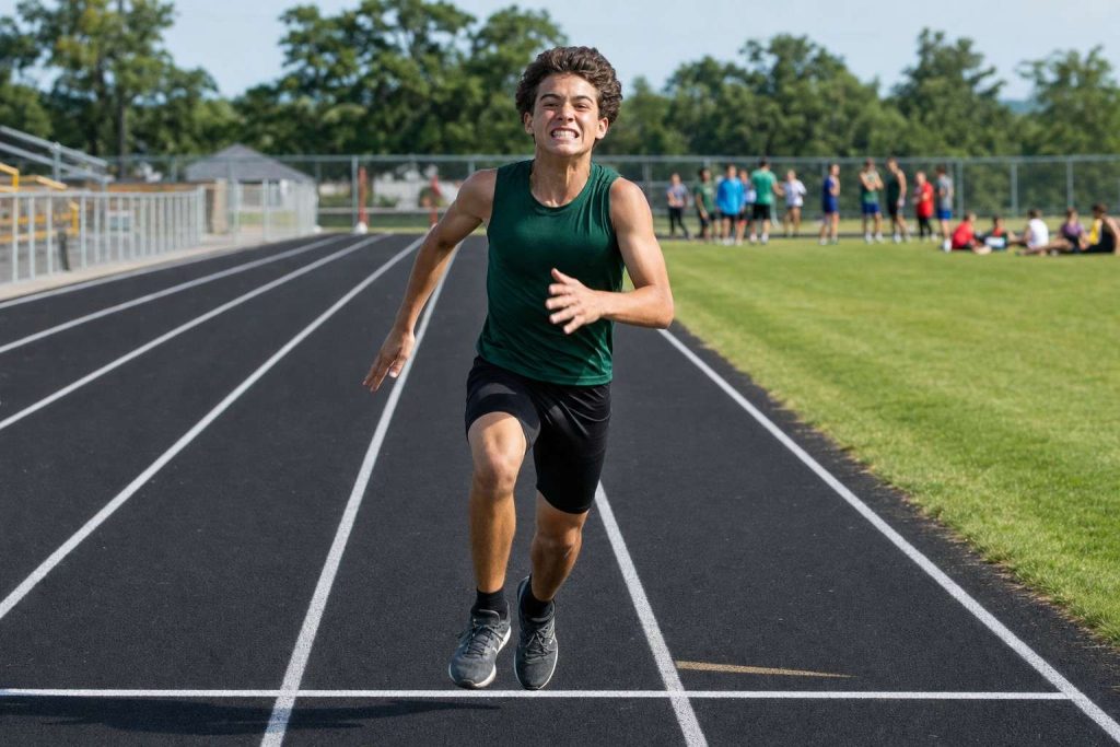 A youth track athlete sprinting toward the finish line