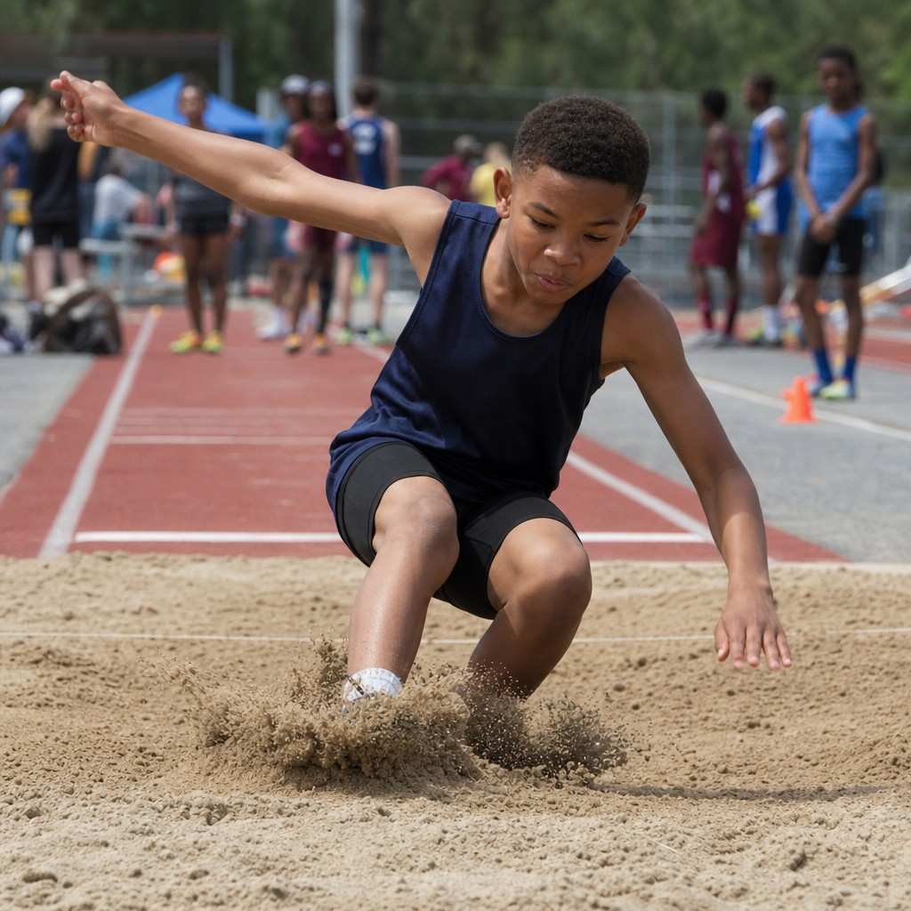 A young long jumper landing in the sand pit
