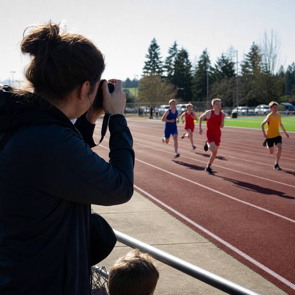 A parent photographing a track event from the infield
